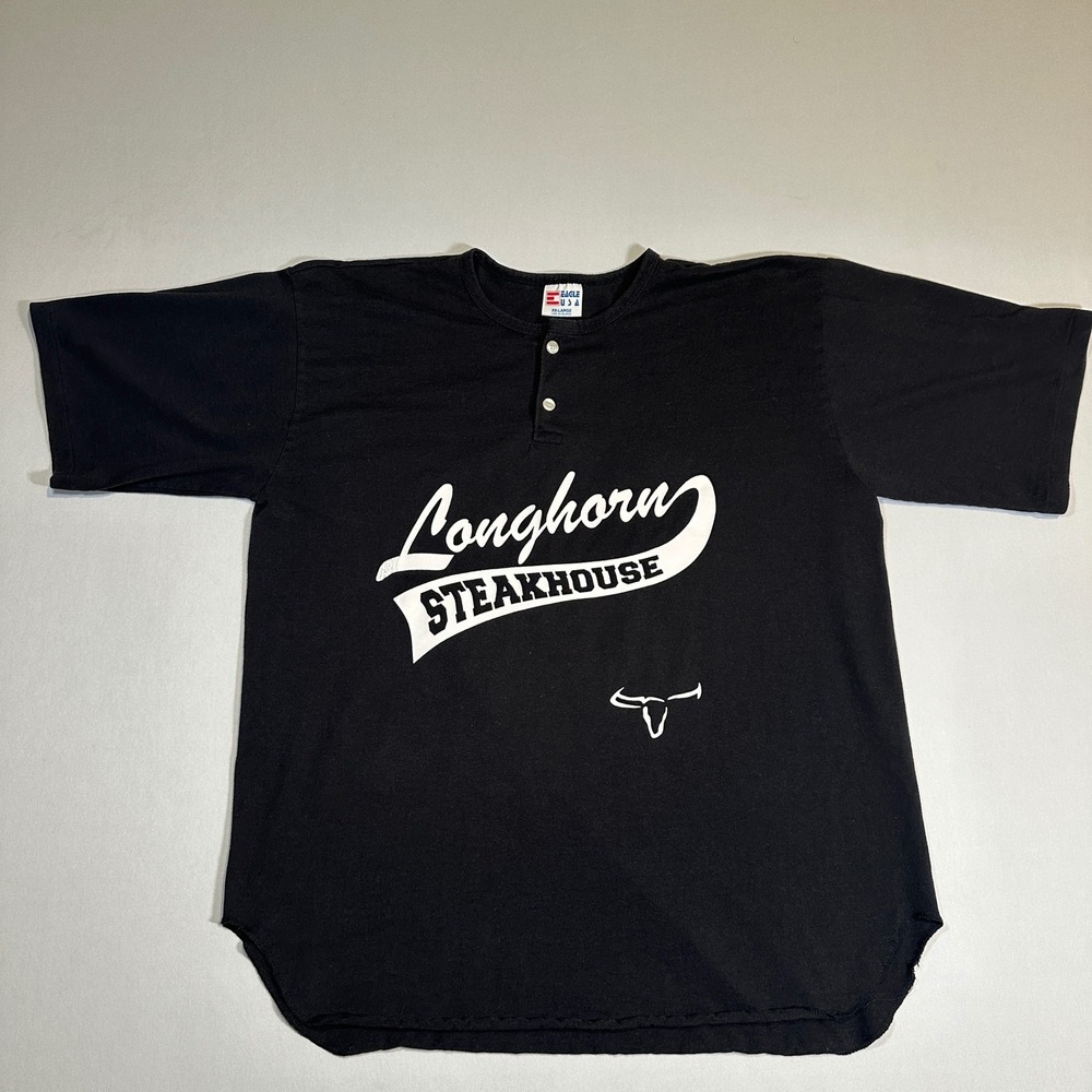 Vintage Longhorn Steakhouse Single Stitch Shirt‎ Made USA Henley Baseball Black